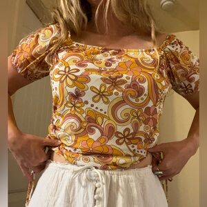 Floral Retro Off-Shoulder Top in Orange and Yellow